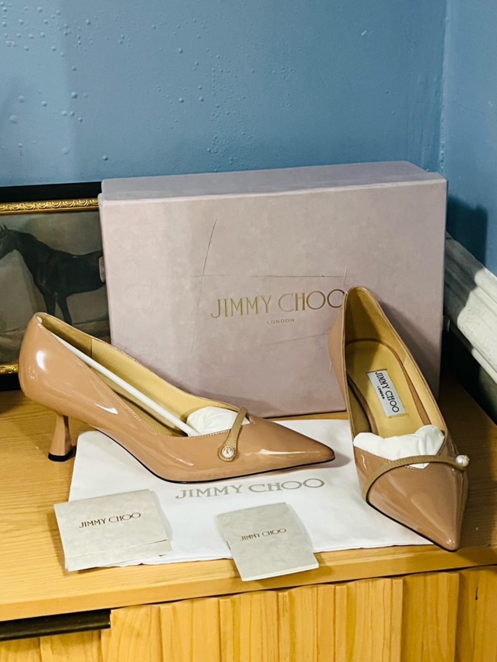 Jimmy Choo Beige Patent Leather Pointed Toe Kitten Heels